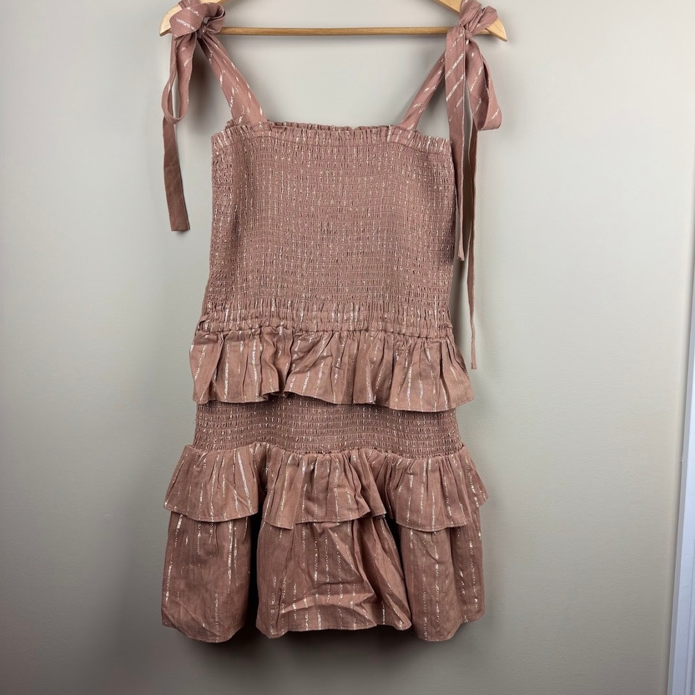 House of Harlow 1960 Corinne Smocked Tiered Ruffle Dress‎ Tie Shoulder M NWT